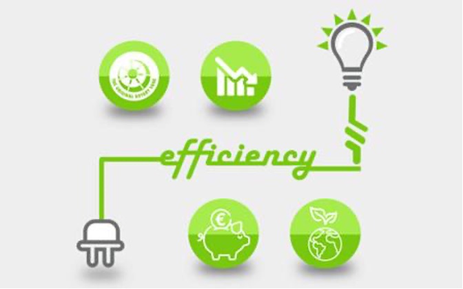 Infographic with the word efficiency in green cursive font representing an electrical cord from an outlet to a lightbulb with 4 green circles representing green energy and savings.