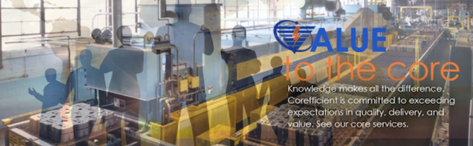 An artistic representation of teamwork at Corefficient’s facility, showing transformer cores on the manufacturing line, featuring the Corefficient logo: an upside-down, striped blue triangle with a red lightning bolt inside, a blue circle encompasses the triangle, with the words “Value to the core.”