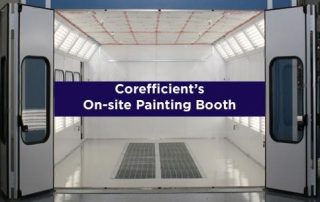 Painting booth with doors open and the words ‘Corefficient’s On-site Painting Booth’ in the center.