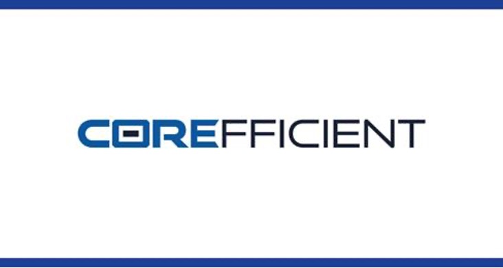 A crisp white, blue, and black graphic of the Corefficient logo.