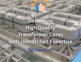 Blurred out image of transformer cores. Blog title written in the center that says, “Delivering High Quality Transformer Cores with Unmatched Expertise”. On top of the title is a graphics of a thumbs up with 5 golden stars and under the title is the Corefficient logo.