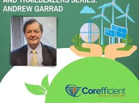 Andrew Garrad poses in his suit in an inset image upon a playful graphic representing world energy, with the words, “modern energy innovators and trailblazers series Andrew Garrad” in capitalized white font.