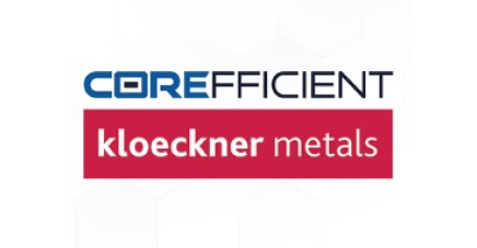 The logo of transformer core manufacturer, Corefficient in bold blue uppercase letters, situated above the logo of Kloeckner Metals, which is presented in white letters on a red background. The logos are set against a white backdrop with a subtle hexagonal design.
