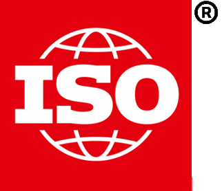 The visual features a red backdrop with the letters "ISO" in bold, white uppercase font, encircled by a stylized representation of a globe grid. A registered trademark symbol is in the top right corner next to "ISO."