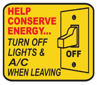 A rendering of a light switch and text how to conserve energy by turning off the lights and A/C when leaving a room.