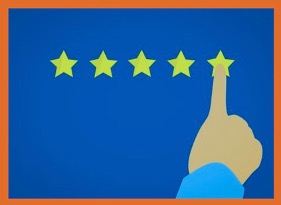 A cartoon on a blue background showing 5 gold stars in a row, and a finger pointing to the fifth star indicating a top rating of value and excellence.