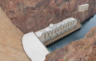 Aerial view of a hydroelectric power plant at the Hoover Dam, one of the most famous dams in the world.