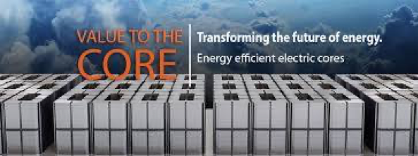 An image with the words “value to the core” in orange, block letters, and a motto about transforming the future of energy, all in front of the backdrop of a cloudy sky and above rows of transformer gap cores.
