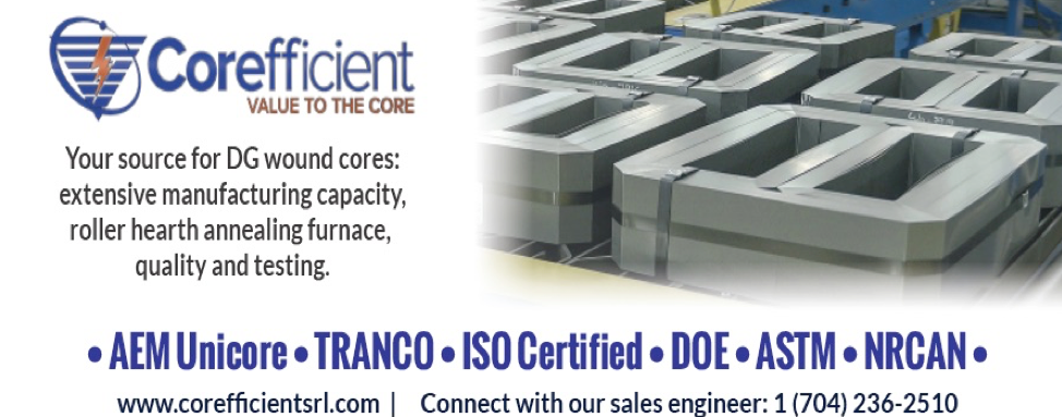 A Corefficient advertisement which features the Corefficient logo and name, below is black text, contact information, and information about products in blue, as well as a picture of wound cores: grey, steel, square cores that resemble suitcases with two large rectangular holes cut in the middle.