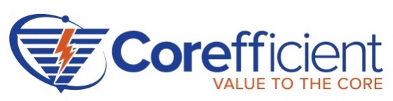 A dark blue Corefficient logo featuring an inverted striped triangle with an orange lightning bolt through it, the Corefficient name, and the words “value to the core.”