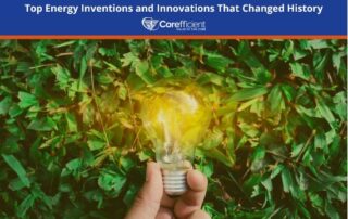 Photo of a hand holding a lit light bulb radiating its light against a background full of green leaves. At the top is an orange and blue banner with the text, “Top Energy Inventions and Innovations That