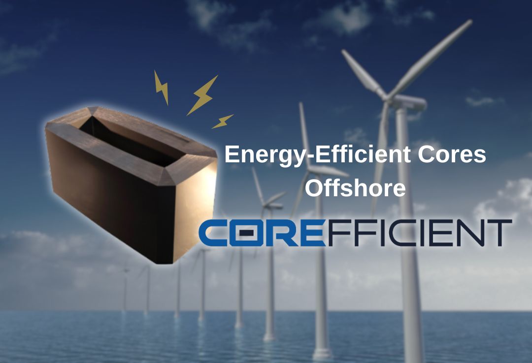 Corefficient_Energy-Efficient Cores Offshore A graphic showing an energy-efficient transformer core with a background of offshore wind turbines and the Corefficient logo.