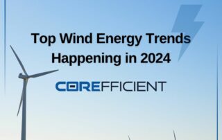 The words "Top Wind Energy Trends Happening in 2024" are centered over an image of wind turbines with the Corefficient logo underneath.